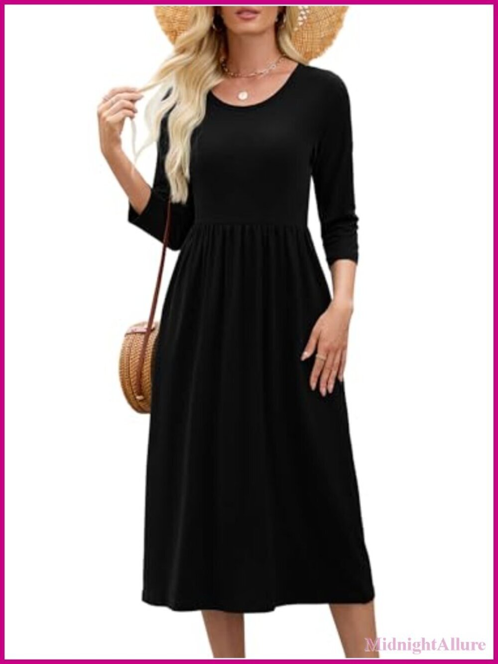 Women's 3/4 Sleeve Midi Dress A-Line Flowy with Pockets